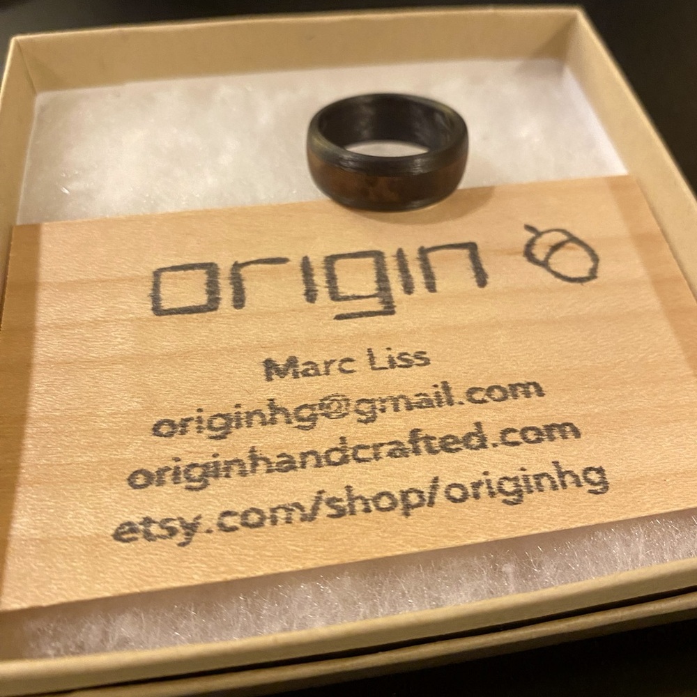 New in Box Origin Handcrafted Carbide and Black Walnut Men’s Wedding Band